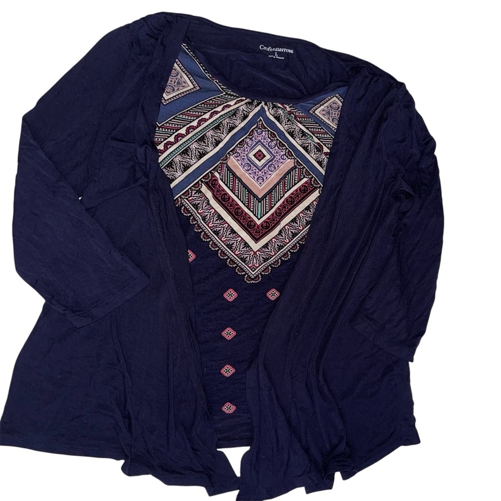 Croft & Barrow Navy Faux Knit Cardigan Shirt with Geometric Pattern Top Sz L